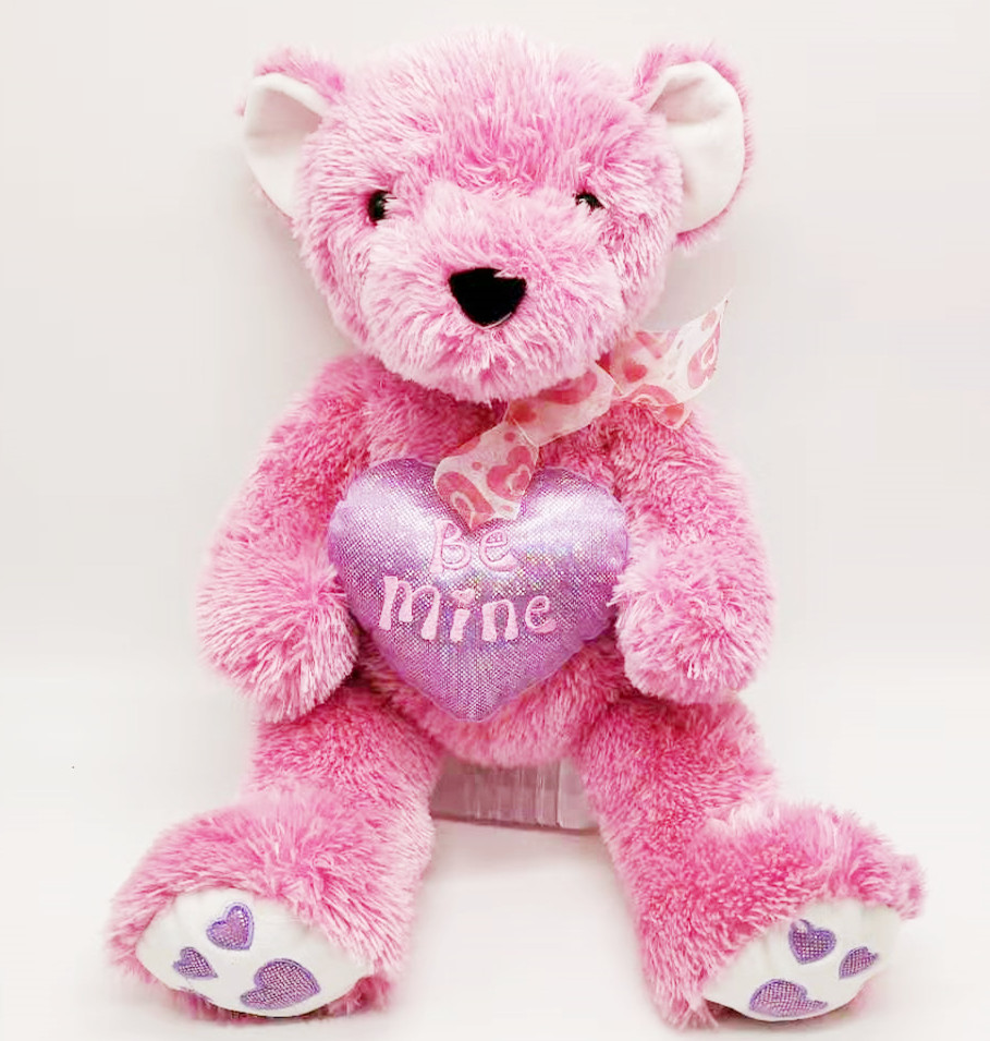 Fashion design stuffed plush pink color long hair teddy bear with heart 
