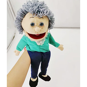Custom stuffed plush children's toy grandma human shape hand puppet plush puppet with glass 